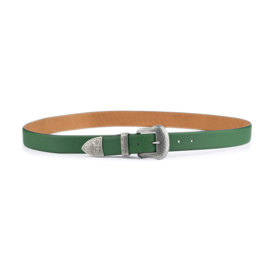 western green leather belt with silver buckle 3