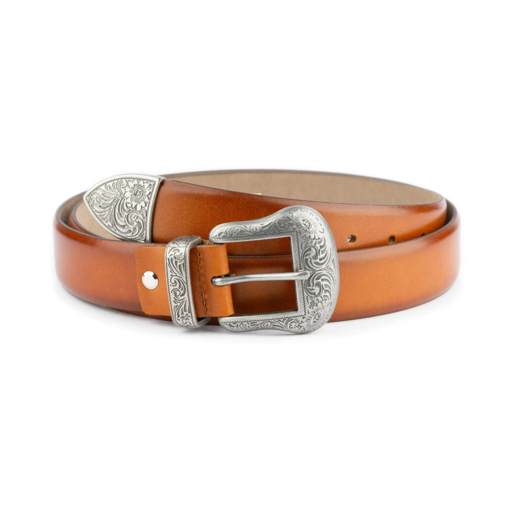 Buy Western Tan Leather Belt With Silver Buckle  display picture 3