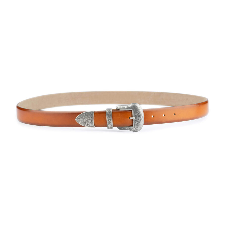 western tan leather belt with silver buckle 2