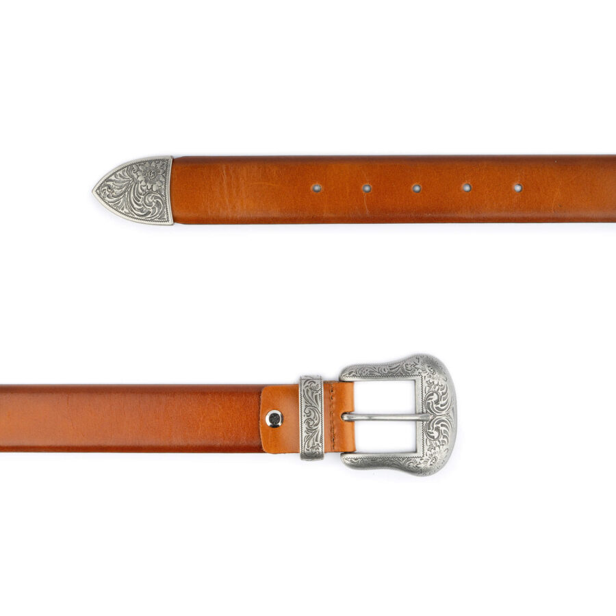 western tan leather belt with silver buckle 3