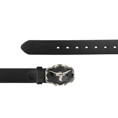 Black Enamel Longhorn Buckle Belt Black Full Grain Leather LONGH BLKENC 40 BLFULGR AML
