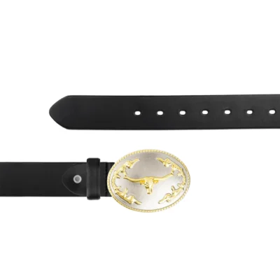 Oval Gold Longhorn Buckle Belt Black Full Grain Leather LONGH OVLGOL 40 BLFULGR AML