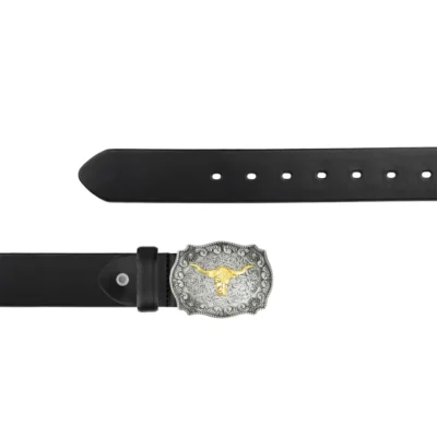 Silver & Gold Longhorn Buckle Belt Black Full Grain Leather LONGH SLVGOL 40 BLFULGR AML