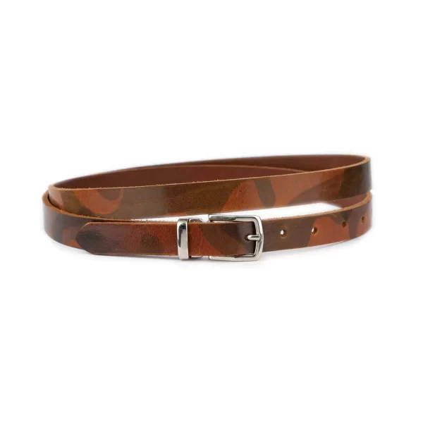 brown camouflage leather belt with silver buckle thin 20 mm 1 CAMO CARL 20 BROWN BLT SILREC