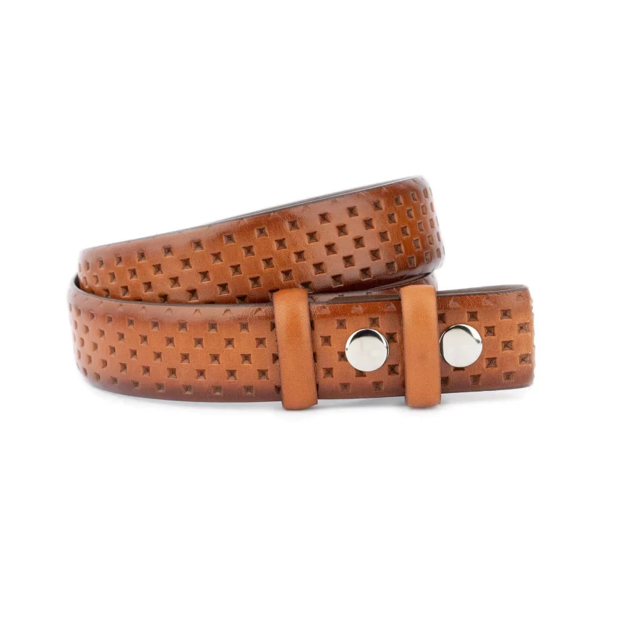brown leather belt with snap fastener buttons laser cut design 1 SNAP 35 LASERSQUAR BLACK