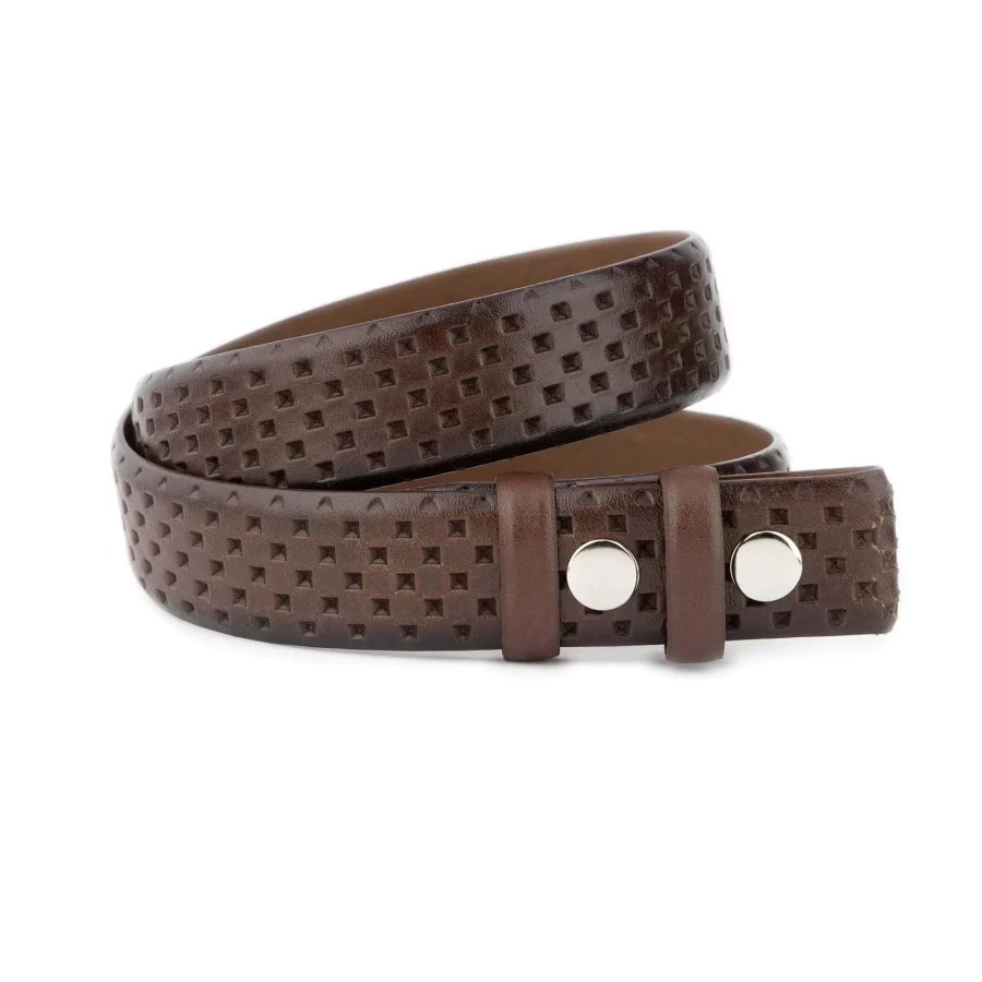 mens dark brown belt with snap buttons laser cut leather 1 SNAP 35 LASERSQUAR BROWN