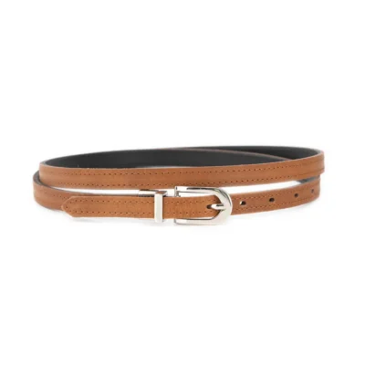 tan womens reversible belt skinny silver buckle 1 REV SKINNY 15 TANBLA LDR SIL