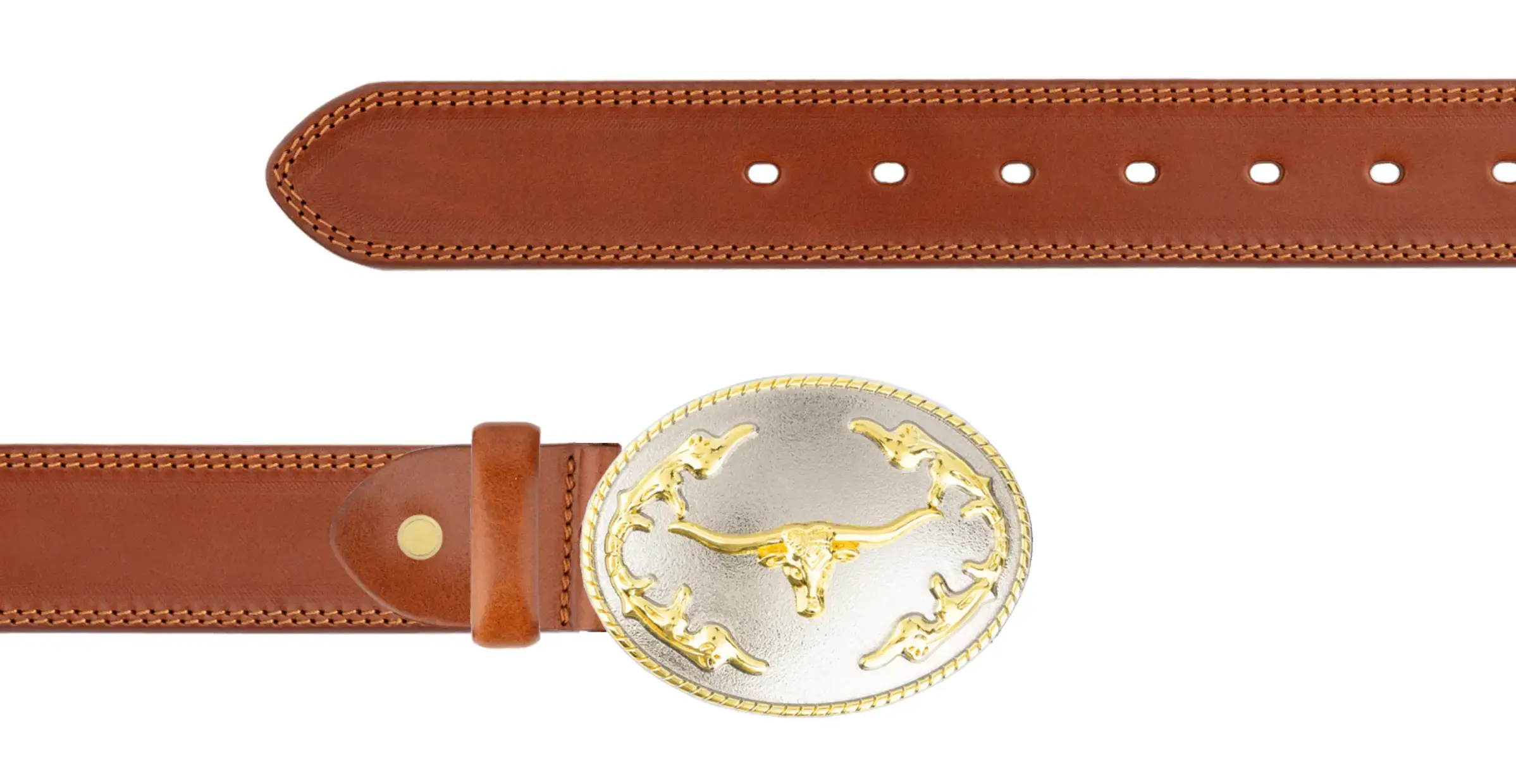 Brown long horn buckle belt gold