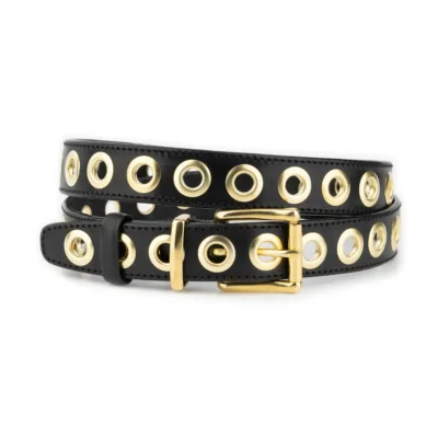 Black Leather Grommet Belt with Gold Eyelets Full Grain Leather 1 GROMGOLD 30 AML