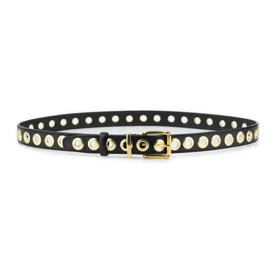 Black Leather Grommet Belt with Gold Eyelets Full Grain Leather 2