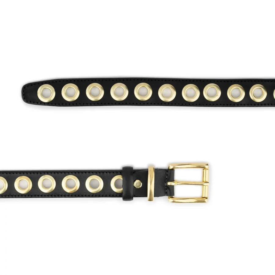 Black Leather Grommet Belt with Gold Eyelets Full Grain Leather 3