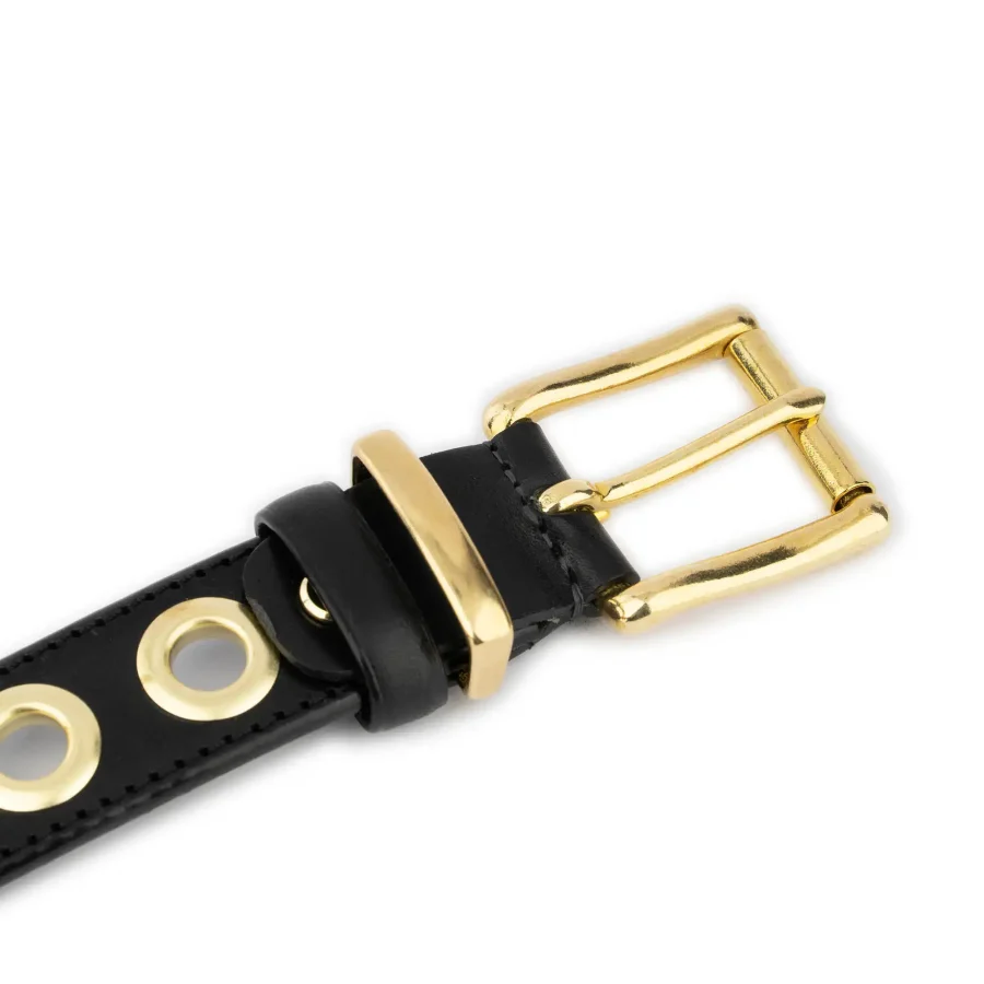 Black Leather Grommet Belt with Gold Eyelets Full Grain Leather 4