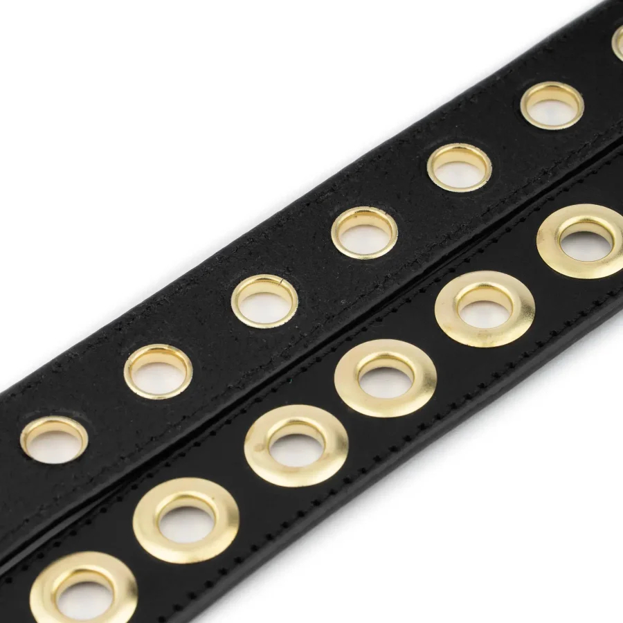 Black Leather Grommet Belt with Gold Eyelets Full Grain Leather 5