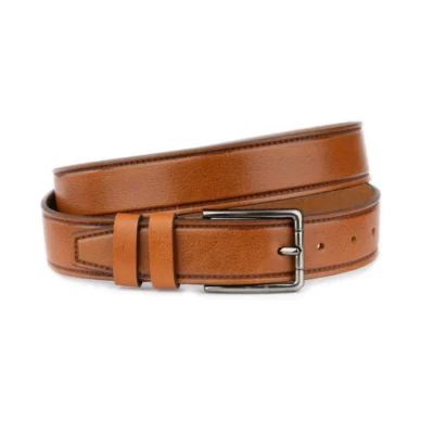 high quality mens leather belt for blue suit 1 TAN 35 STITCEMB TR