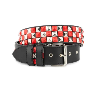 red silver pyramid studded belt black vegan leather 1 PYR REDSIL 45 TARG
