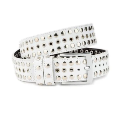 white studded leather belt silver rivets 1 STUD 45 WHITE SILFLAT TARG