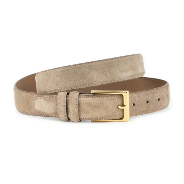 mens taupe suede belt with classic gold buckle 1 SUETTAUP 35 GOLDCLAS KASV KASV