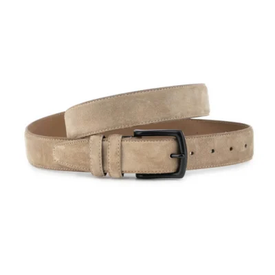 mens taupe suede belt with solid brass black buckle 1 SUETTAUP 35 BLABRAS KASV PET