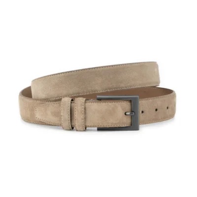 mens taupe suede leather belt with satin gray buckle 1 SUETTAUP 35 SATIGRAY KASV PET