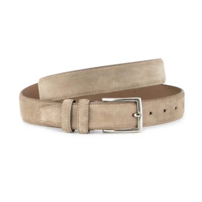 mens taupe suede leather belt with silver buckle 1 SUETTAUP 35 SILVCLAS KASV KASV