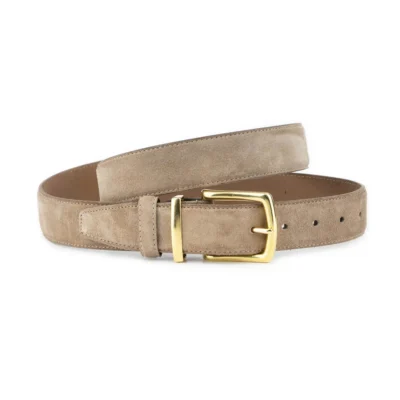 taupe suede belt with gold solid brass buckle and loop 1 SUETTAUP 35 GOLBRA LOO KASV PET