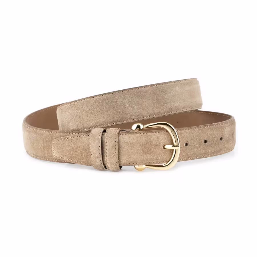 womens taupe suede belt with gold horse bit buckle 1 SUETTAUP 35 GOLDHORSBI KASV