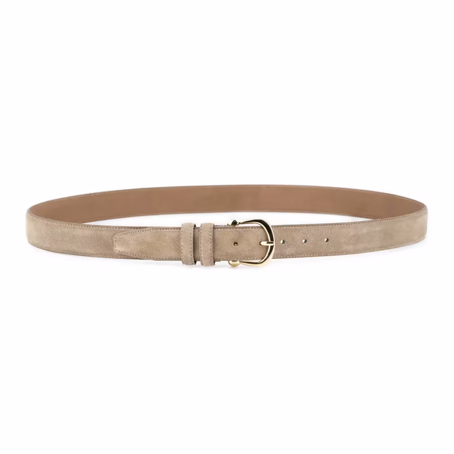 womens taupe suede belt with gold horse bit buckle 2