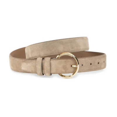 womens taupe suede belt with gold round buckle 1 SUETTAUP 35 GOLDROUN KASV