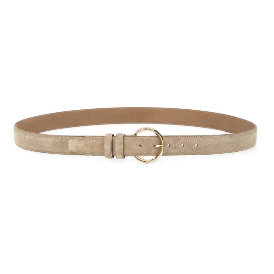 womens taupe suede belt with gold round buckle 2