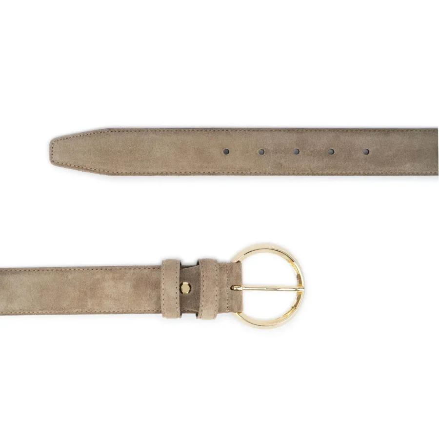 womens taupe suede belt with gold round buckle 3