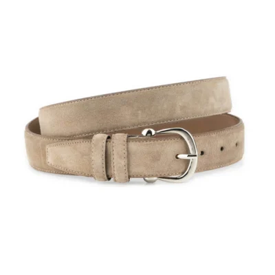 womens taupe suede belt with nickel horseshoe buckle 1 SUETTAUP 35 SILVHORSBI KASV