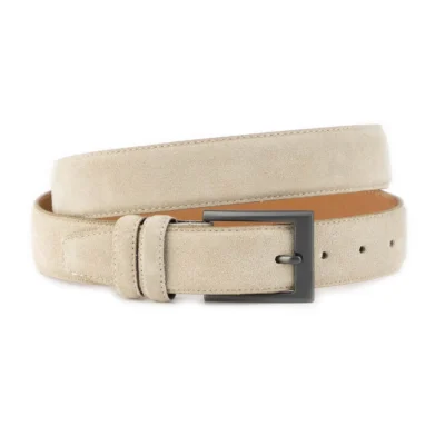 beige suede belt with dark gray rectangle buckle 1