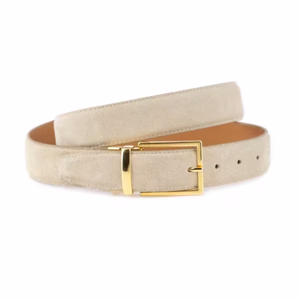 mens beige suede belt with gold buckle 1