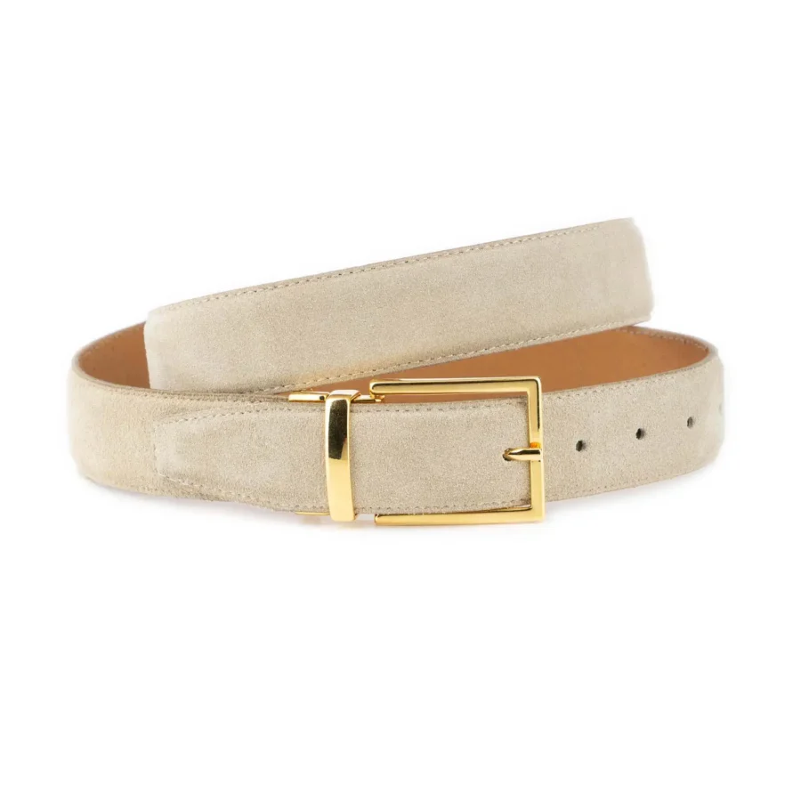 mens beige suede belt with gold buckle 1