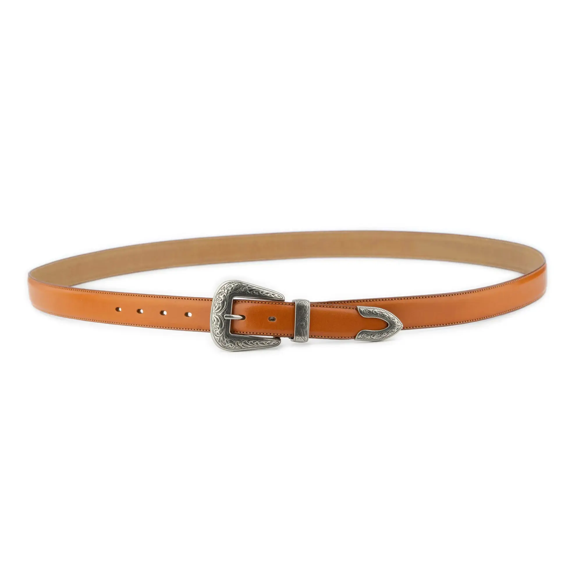 tan western belt with silver buckle loop and metal tip 2