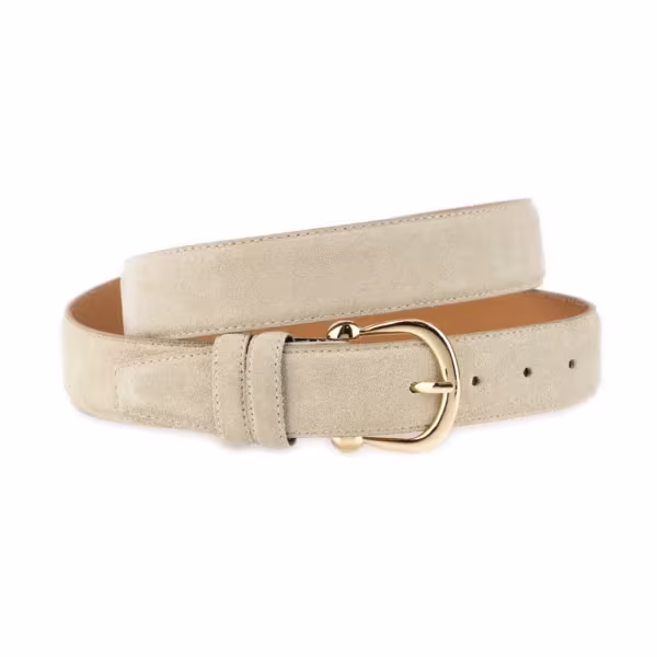 womens beige suede belt with gold horseshoe buckle 1