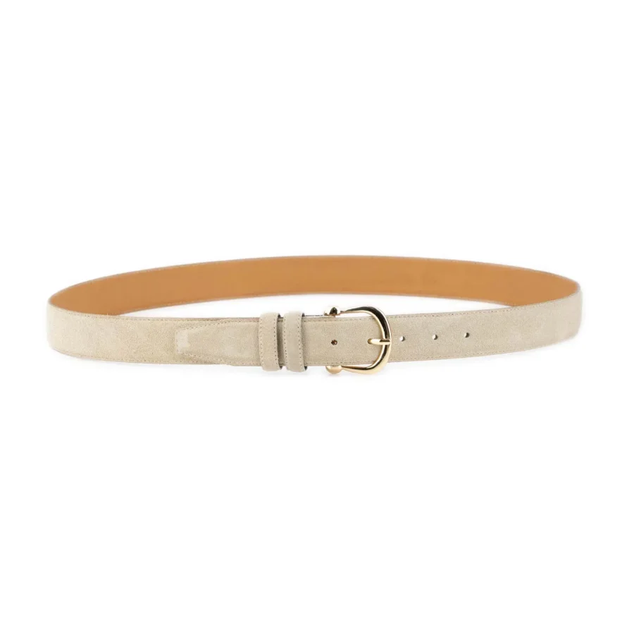 womens beige suede belt with gold horseshoe buckle 2