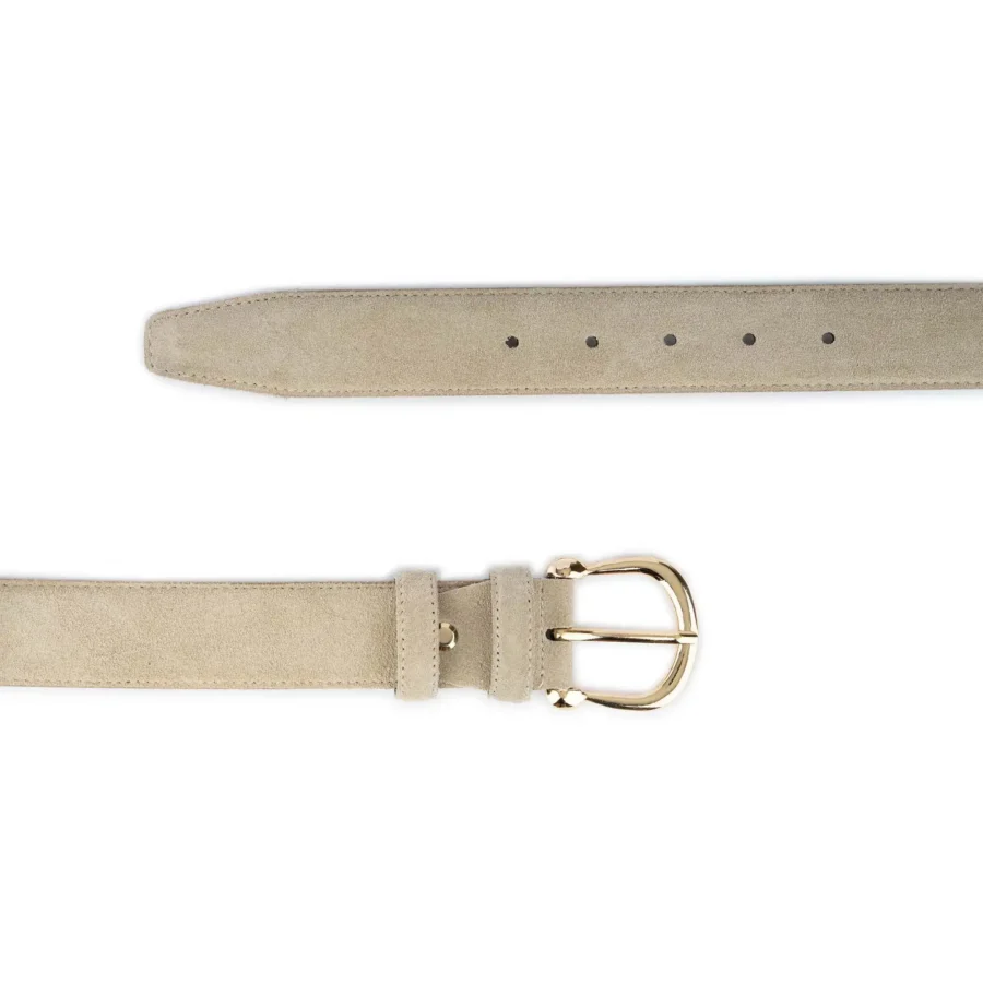 womens beige suede belt with gold horseshoe buckle 3