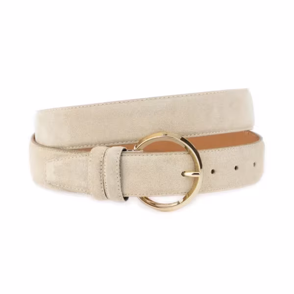 womens beige suede belt with gold round buckle 1