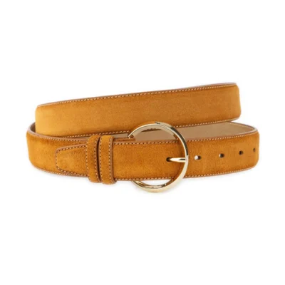 womens camel suede belt with round gold buckle 1 CAMLSU 113