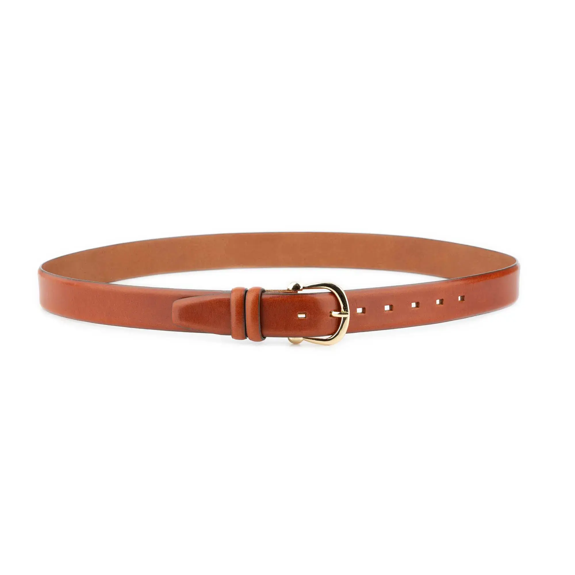womens cognac belt with gold horseshoe buckle 2