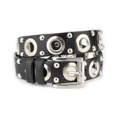 Black Studded Grommet Belt With Stainless Steel Buckle 1 GROM STUDROU 40 STSTEE AML4011