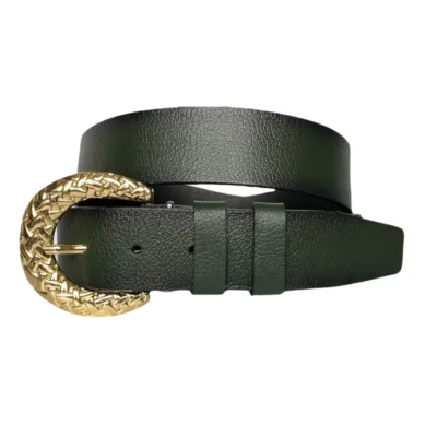 Green Buffalo Leather Belt with Braided Gold Buckle 1 AN BYN 24 GREEN