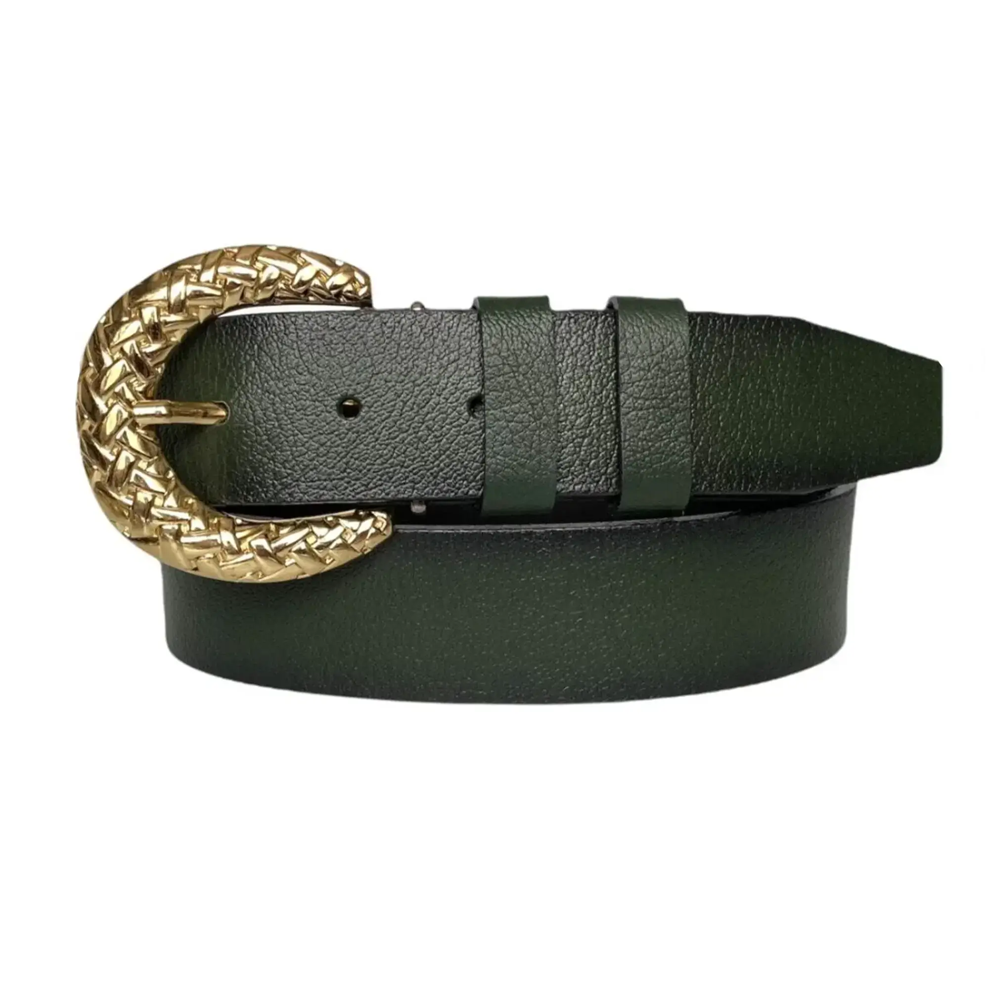 Green Buffalo Leather Belt with Braided Gold Buckle 2