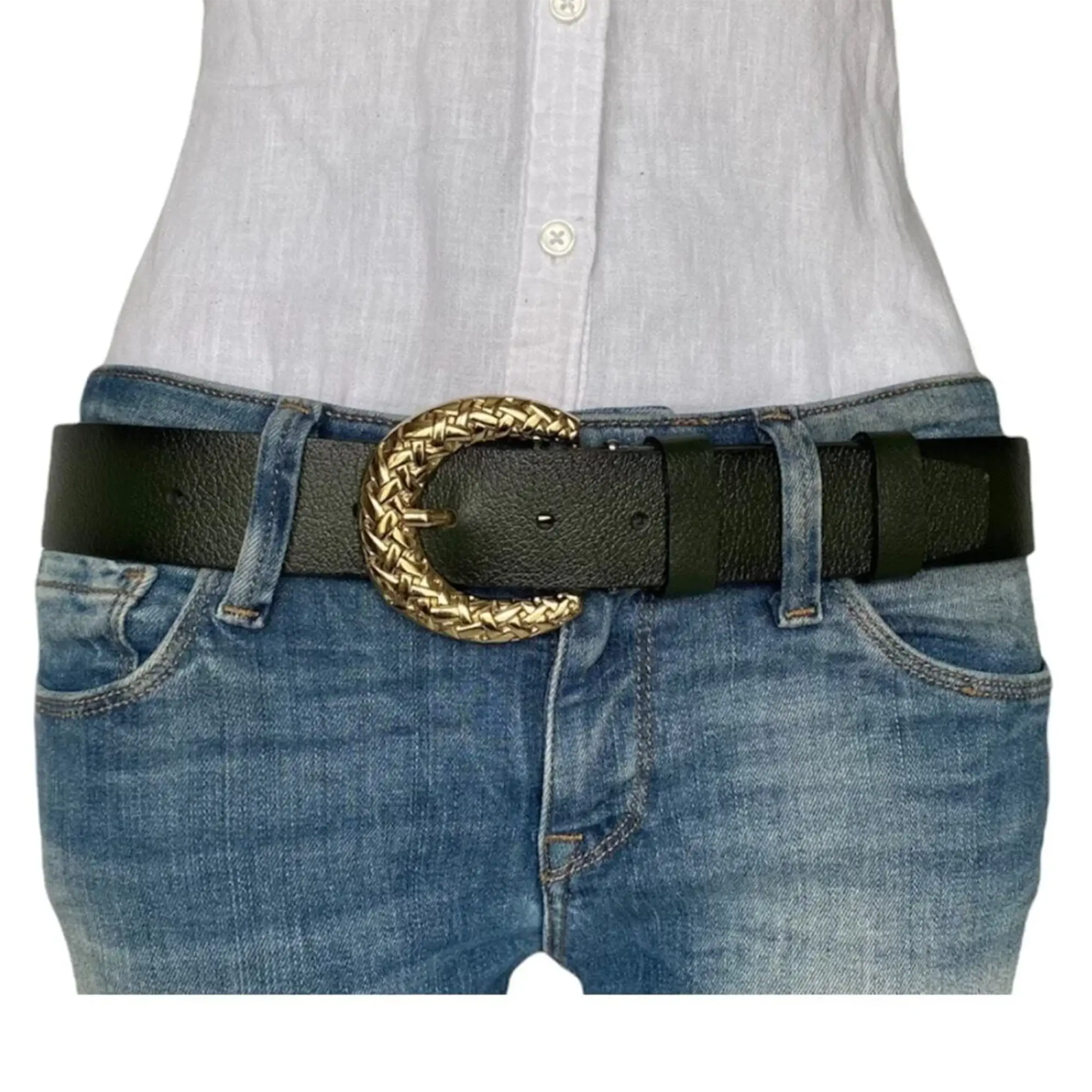 Green Buffalo Leather Belt with Braided Gold Buckle 3