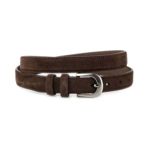 Brown Suede Belt 1 Inch Width with Rounded Dark Silver Buckle 1 SUET 25 BROWN KASV BASI