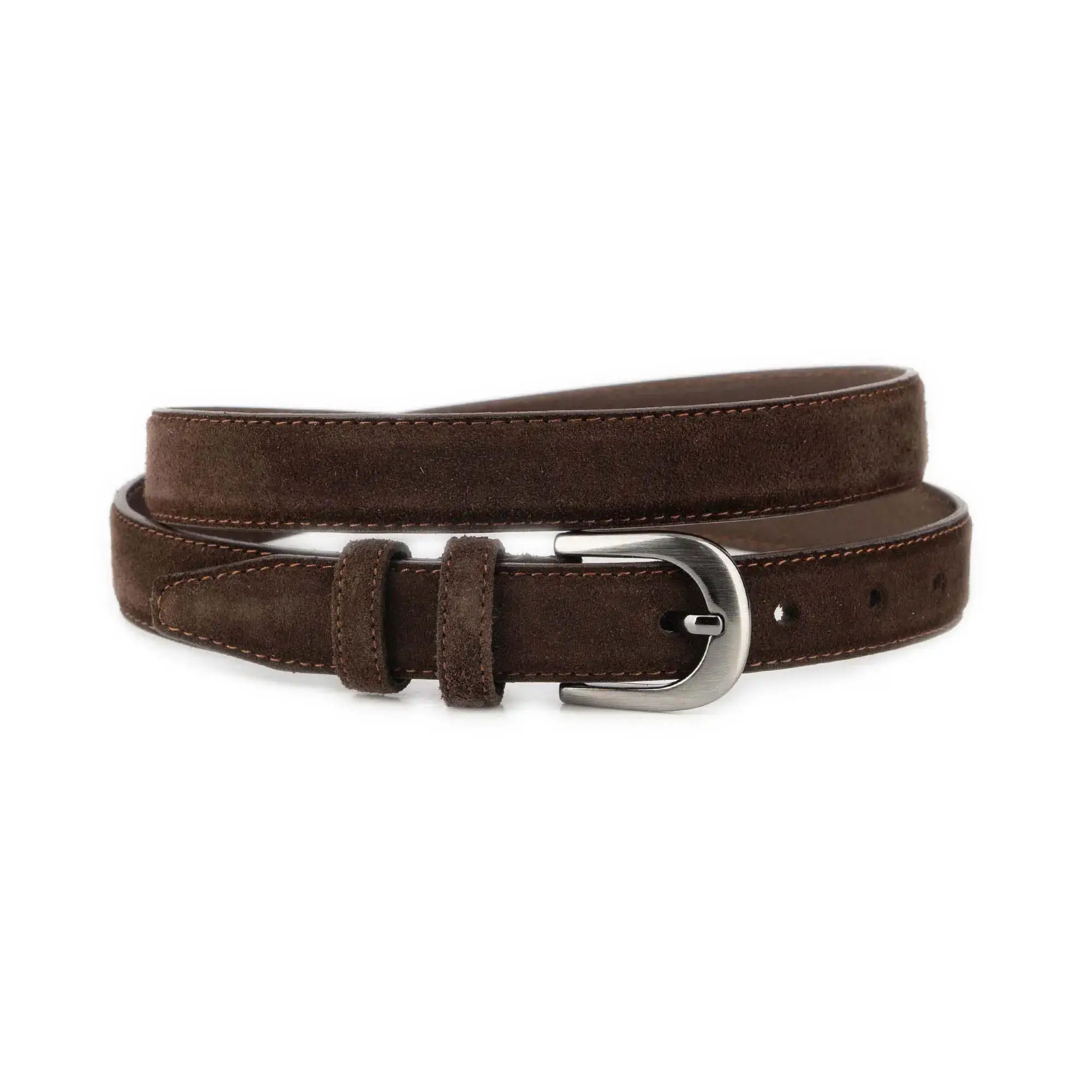 Brown Suede Belt 1 Inch Width with Rounded Dark Silver Buckle 1 SUET 25 BROWN KASV BASI