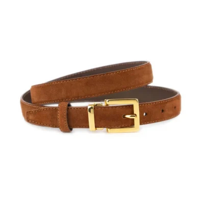 Tobacco Suede Belt 1 Inch Width with Square Gold Buckle 1 SUET 25 MAGSQGOLD TOBAC KASV