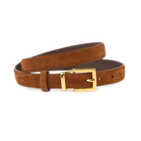 Tobacco Suede Belt 1 Inch Width with Square Gold Buckle 1 SUET 25 MAGSQGOLD TOBAC KASV