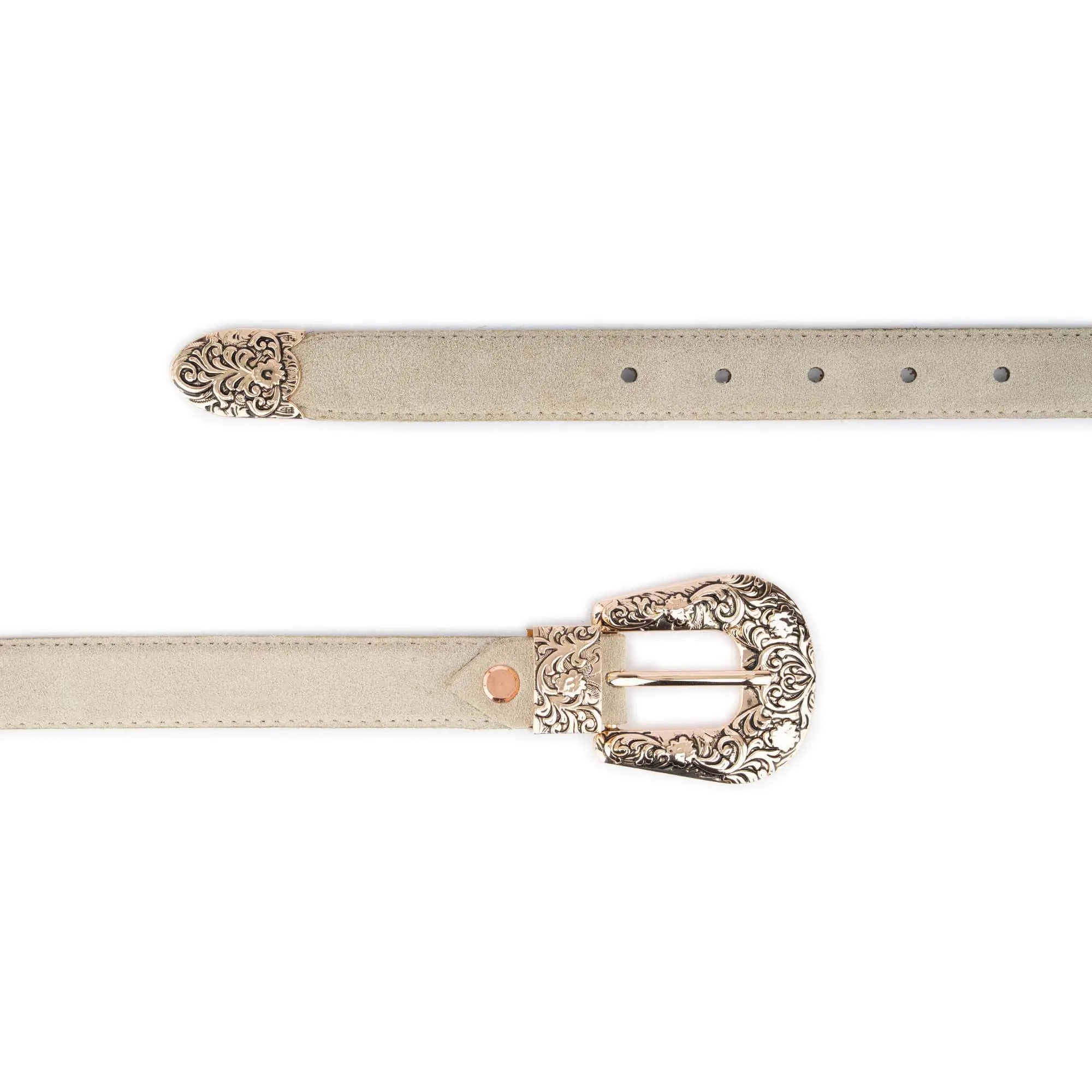 Beige Suede Southwestern Belt – Engraved Gold Buckle